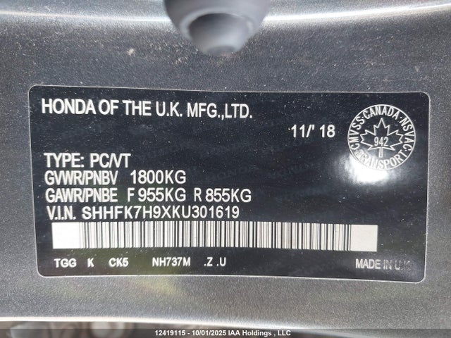 SHHFK7H9XKU301619 Honda l15ba