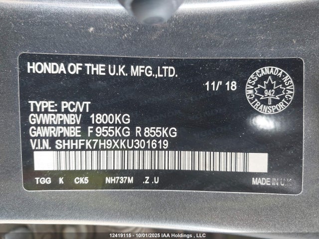 SHHFK7H9XKU301619 Honda l15ba