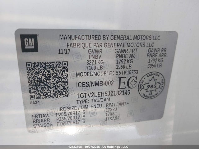 1GTV2LEH5JZ182145 GMC lv3 - sidi: spark ignited direct injection, vvt: variable valve timing, e85 max, alum, gen 5