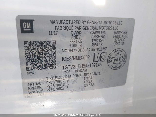 1GTV2LEH5JZ182145 GMC lv3 - sidi: spark ignited direct injection, vvt: variable valve timing, e85 max, alum, gen 5