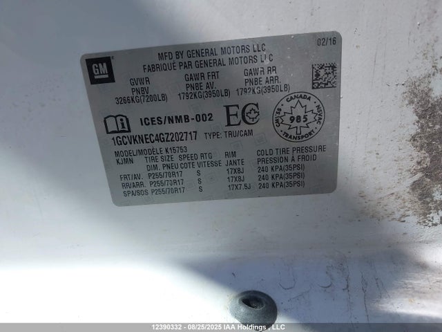 1GCVKNEC4GZ202717 Chevrolet l83 - sidi, vvt, afm, e85 max, aluminum