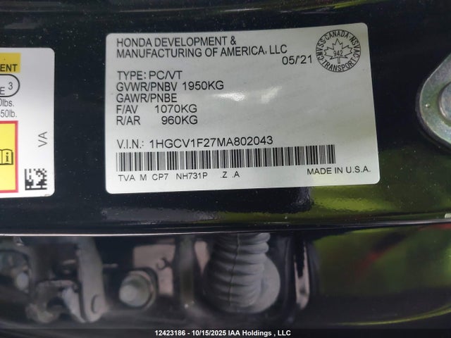 Honda Accord 2021 1HGCV1F27MA802043 Image 9