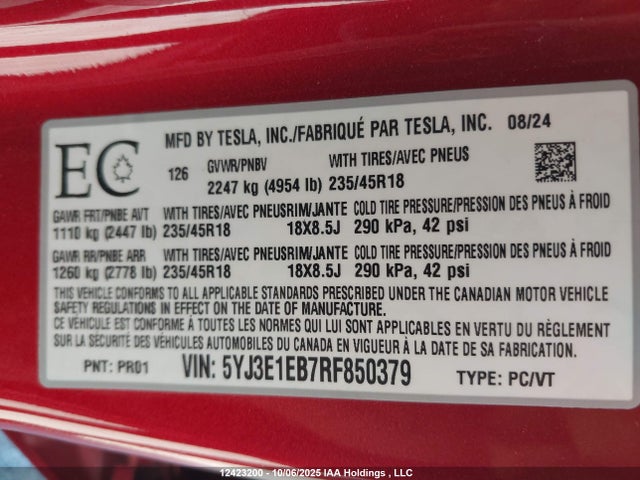 Aukcja sprzedaży 2024 Tesla Model 3, vin: 5YJ3E1EB7RF850379, numer aukcji: 12423200