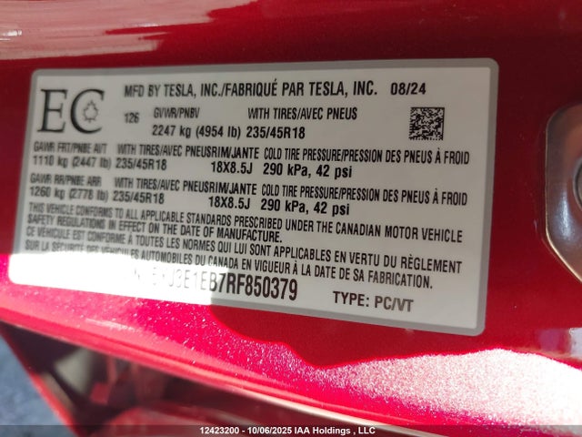 Aukcja sprzedaży 2024 Tesla Model 3, vin: 5YJ3E1EB7RF850379, numer aukcji: 12423200