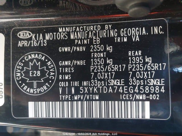 5XYKTDA74EG458984 KIA gasoline 3.3 v6 gdi lambda ii
