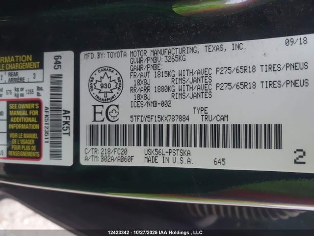 5TFDY5F15KX787884 Toyota Tundra Sr5 Plus 5.7l V8
