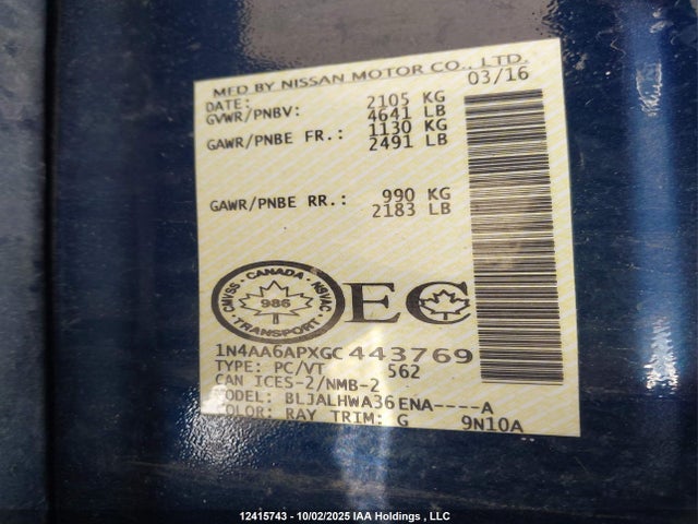 1N4AA6APXGC443769 Nissan Maxima
