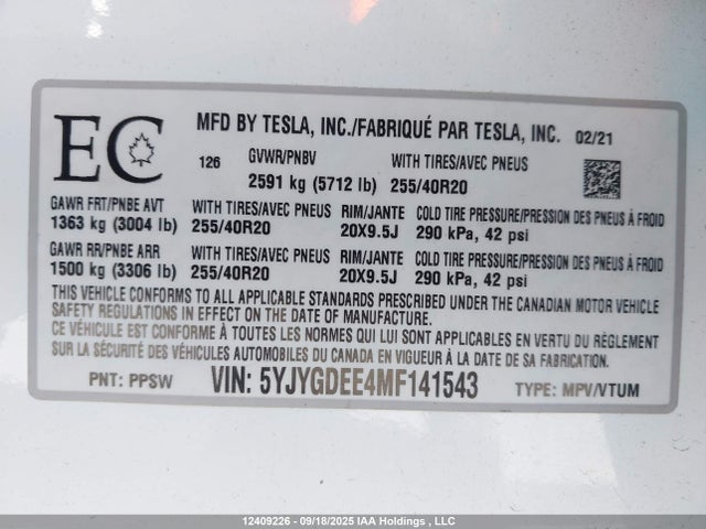 5YJYGDEE4MF141543 Tesla Model Y