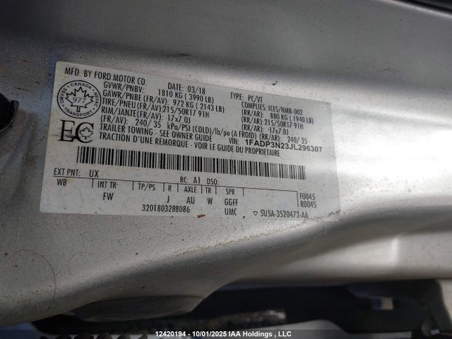 1FADP3N23JL296307 Ford 2.0l gdi