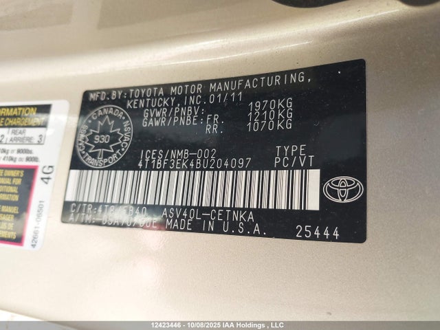 Продажа на аукционе авто 2011 Toyota Camry Le, vin: 4T1BF3EK4BU204097, номер лота: 12423446