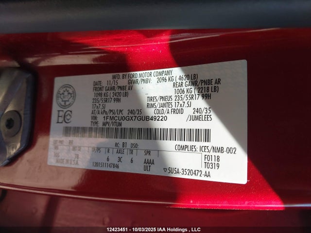 1FMCU0GX7GUB49220 Ford ESCAPE SE