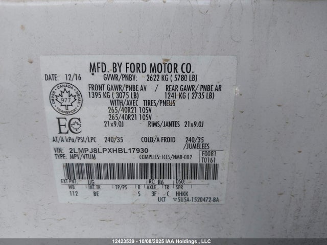 2LMPJ8LPXHBL17930 Lincoln 2.7l gtdi