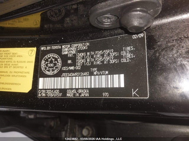 Aukcja sprzedaży 2009 Toyota Highlander V6 Sport, vin: JTEES43A492126483, numer aukcji: 12423682