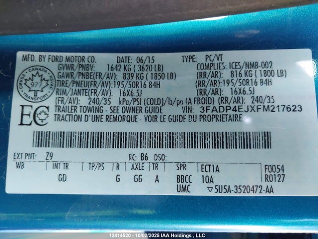12414520 :رقم المزاد ، 3FADP4EJXFM217623 vin ، 2015 Ford Fiesta Se مزاد بيع