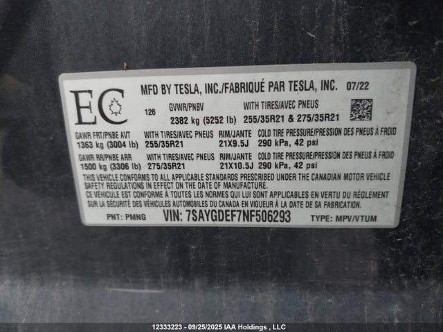 7SAYGDEF7NF506293 Tesla Model Y