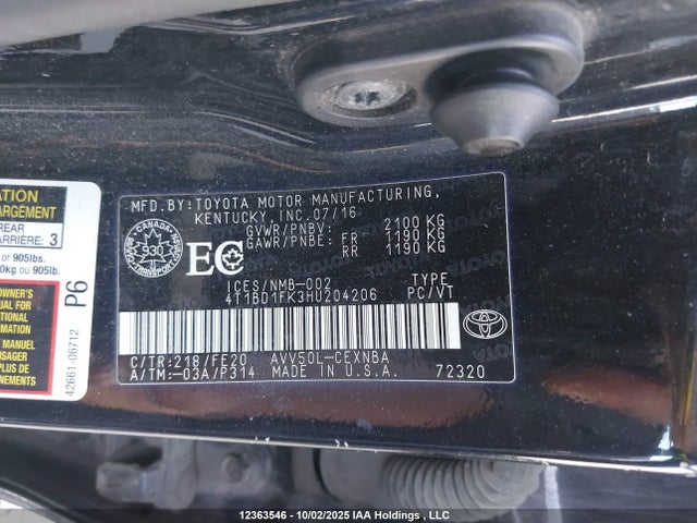 Toyota 2ar-fxe+2jm 2017 4T1BD1FK3HU204206 Image 9