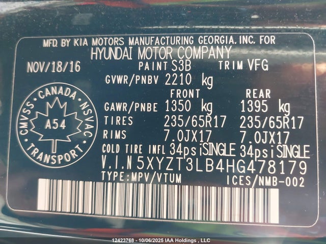 5XYZT3LB4HG478179 Hyundai Santa Fe