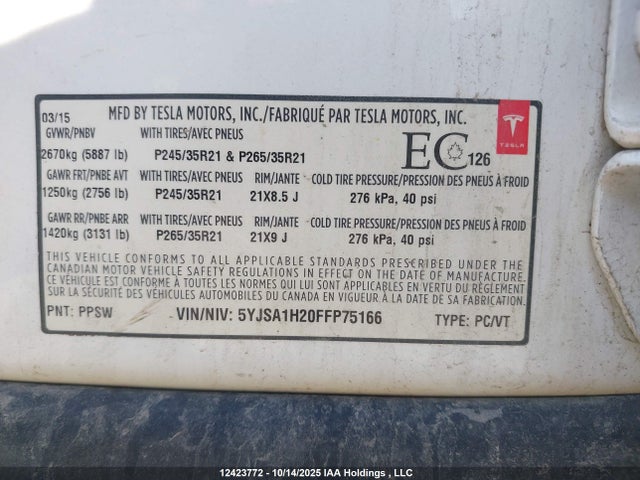 Tesla 3 phase a/c induction (dual motor) 2015 5YJSA1H20FFP75166 Image 9