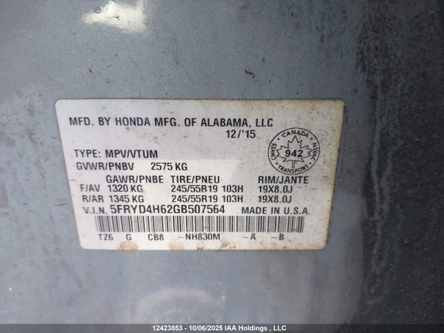 Acura j35y5 2016 5FRYD4H62GB507564 Image 9