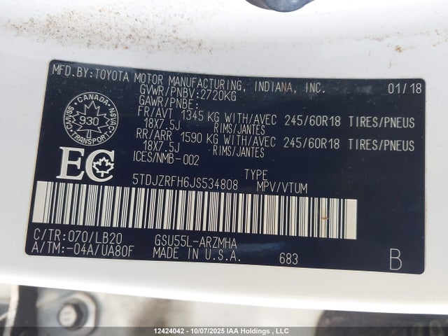 Toyota 2gr-fks 2018 5TDJZRFH6JS534808 Image 9