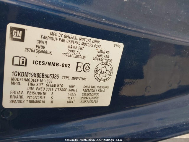 12424044 :رقم المزاد ، 1GKDM19X05B506326 vin ، 2005 Gmc Safari Sl/sle/slt مزاد بيع