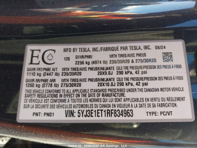 Aukcja sprzedaży 2024 Tesla Model 3 Performance, vin: 5YJ3E1ET1RF834963, numer aukcji: 12424118