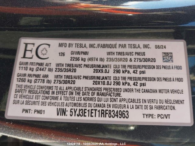 Aukcja sprzedaży 2024 Tesla Model 3 Performance, vin: 5YJ3E1ET1RF834963, numer aukcji: 12424118