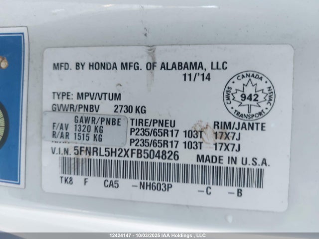 Honda j35z8 2015 5FNRL5H2XFB504826 Image 9