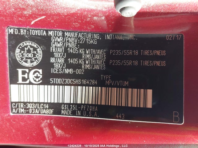 Toyota 2gr-fks 2017 5TDDZ3DC5HS164284 Image 9