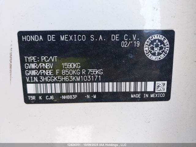 3HGGK5H63KM103171 Honda l15b1