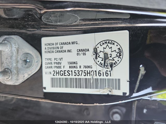 Aukcja sprzedaży 2005 Honda Civic Dx Vp, vin: 2HGES15375H016161, numer aukcji: 12424393