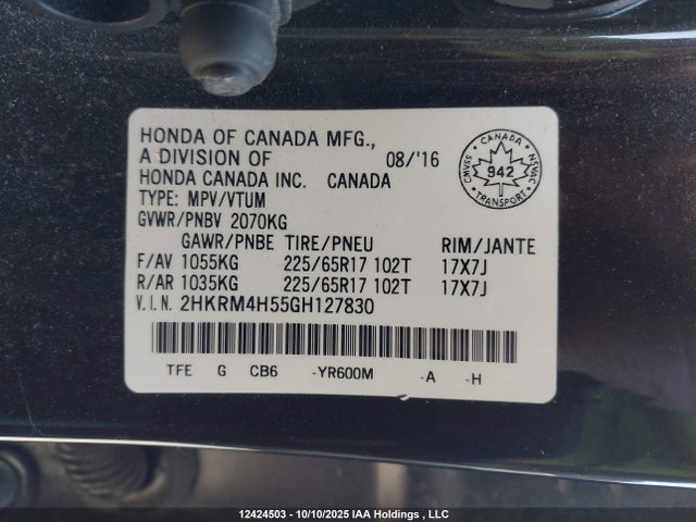 Honda k24w9 2016 2HKRM4H55GH127830 Image 9