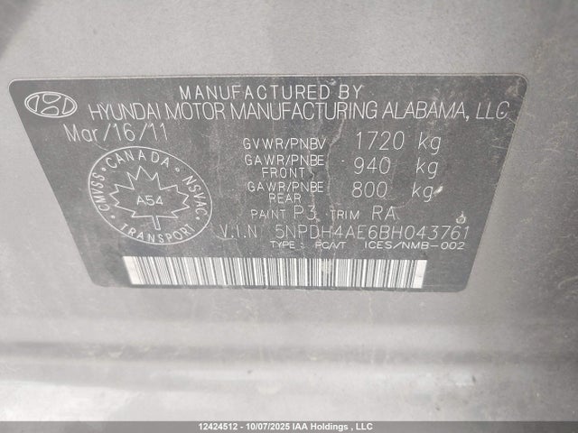 Продажа на аукционе авто 2011 Hyundai Elantra Gl, vin: 5NPDH4AE6BH043761, номер лота: 12424512