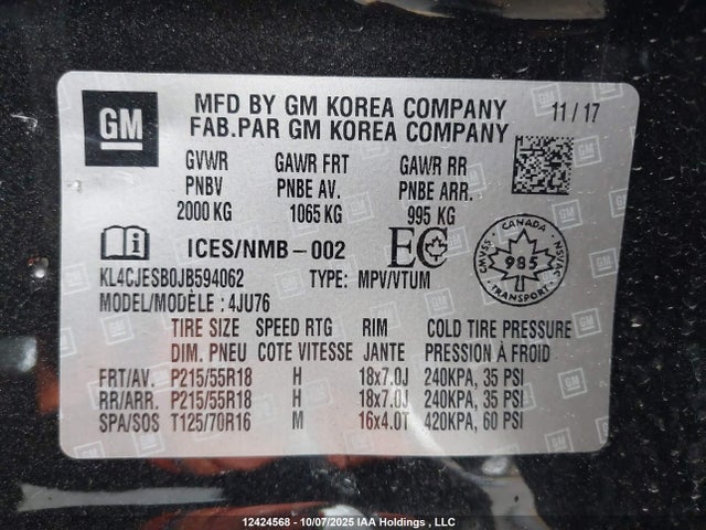 Buick luv: mfi, variable valve timing, alum, e85 max 2018 KL4CJESB0JB594062 Image 9