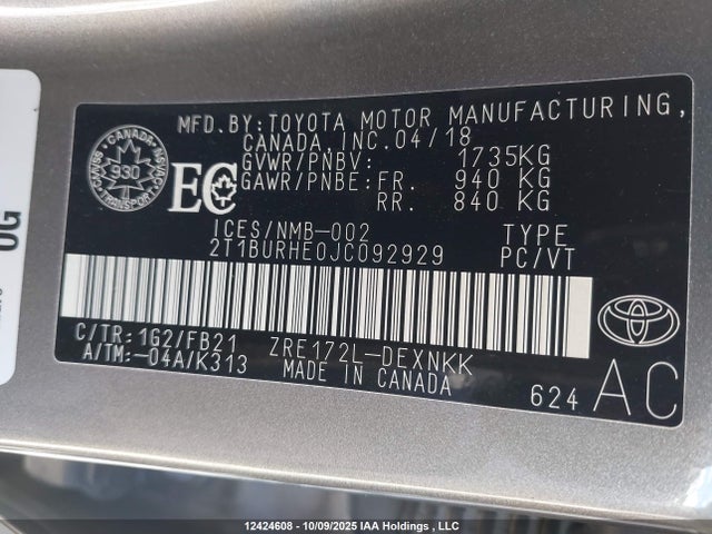 2T1BURHE0JC092929 Toyota 2zr-fe