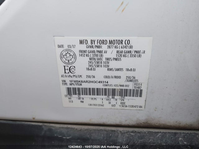 1FM5K8AR2HGC49314 Ford 3.7l ti-vct