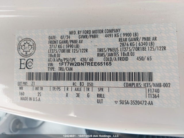 Продажа на аукционе авто 2024 Ford F-250 Xlt, vin: 1FT7W2BN7REE65165, номер лота: 12424651
