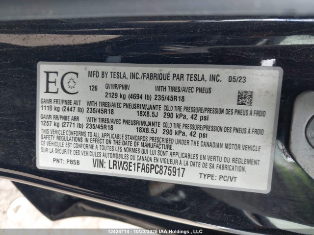 LRW3E1FA6PC875917 Tesla Model 3 Rwd