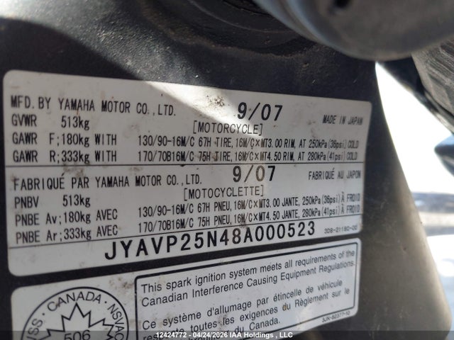 Aukcja sprzedaży 2008 Yamaha Xvs1300 Ct, vin: JYAVP25N48A000523, numer aukcji: 12424772
