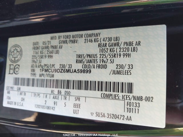 1FMCU9DZ6MUA59899 Ford hev/phev