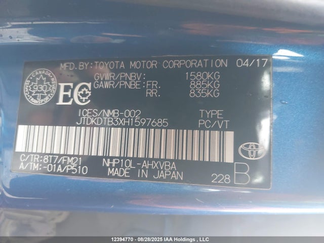 JTDKDTB3XH1597685 Toyota 1nz-fxe+1lm