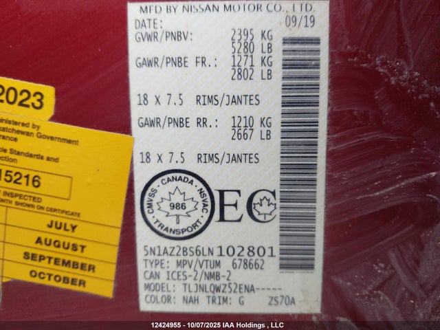 5N1AZ2BS6LN102801 Nissan MURANO SV