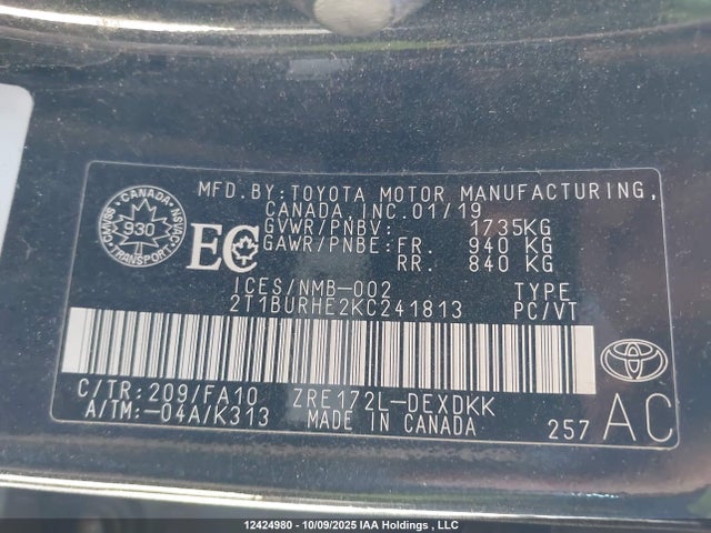 Toyota 2zr-fe 2019 2T1BURHE2KC241813 Image 9