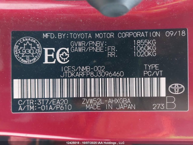 Toyota 2zr-fxe+1nm 2018 JTDKARFP8J3096460 Image 19