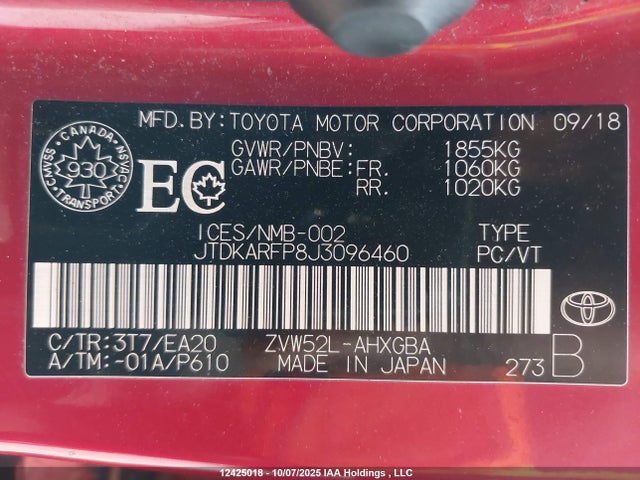 Toyota 2zr-fxe+1nm 2018 JTDKARFP8J3096460 Image 9
