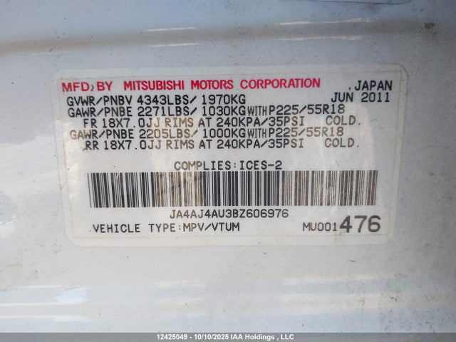 Aukcja sprzedaży 2011 Mitsubishi Rvr Gt, vin: JA4AJ4AU3BZ606976, numer aukcji: 12425049