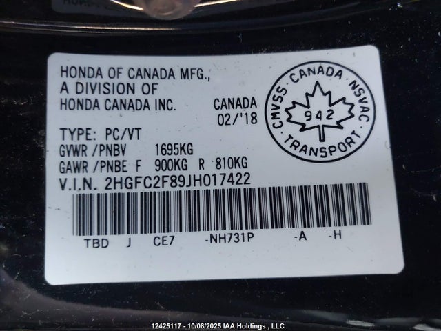 Aukcja sprzedaży 2018 Honda Civic, vin: 2HGFC2F89JH017422, numer aukcji: 12425117