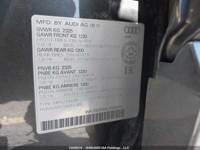 2020 Audi Q3 მანქანა იყიდება აუქციონზე, vin: WA1EECF34L1020416, აუქციონის ნომერი: 12425219