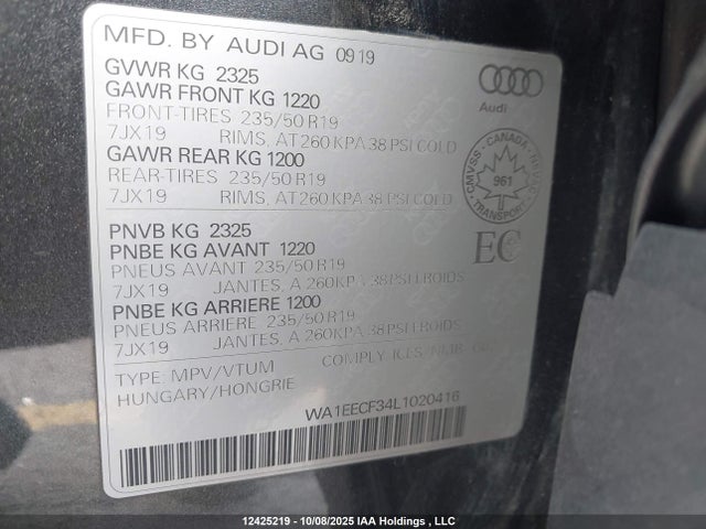 2020 Audi Q3 მანქანა იყიდება აუქციონზე, vin: WA1EECF34L1020416, აუქციონის ნომერი: 12425219