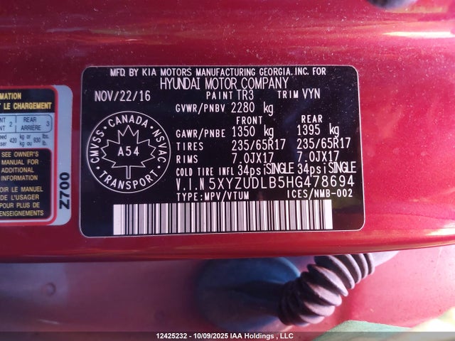 5XYZUDLB5HG478694 Hyundai gdi theta ii